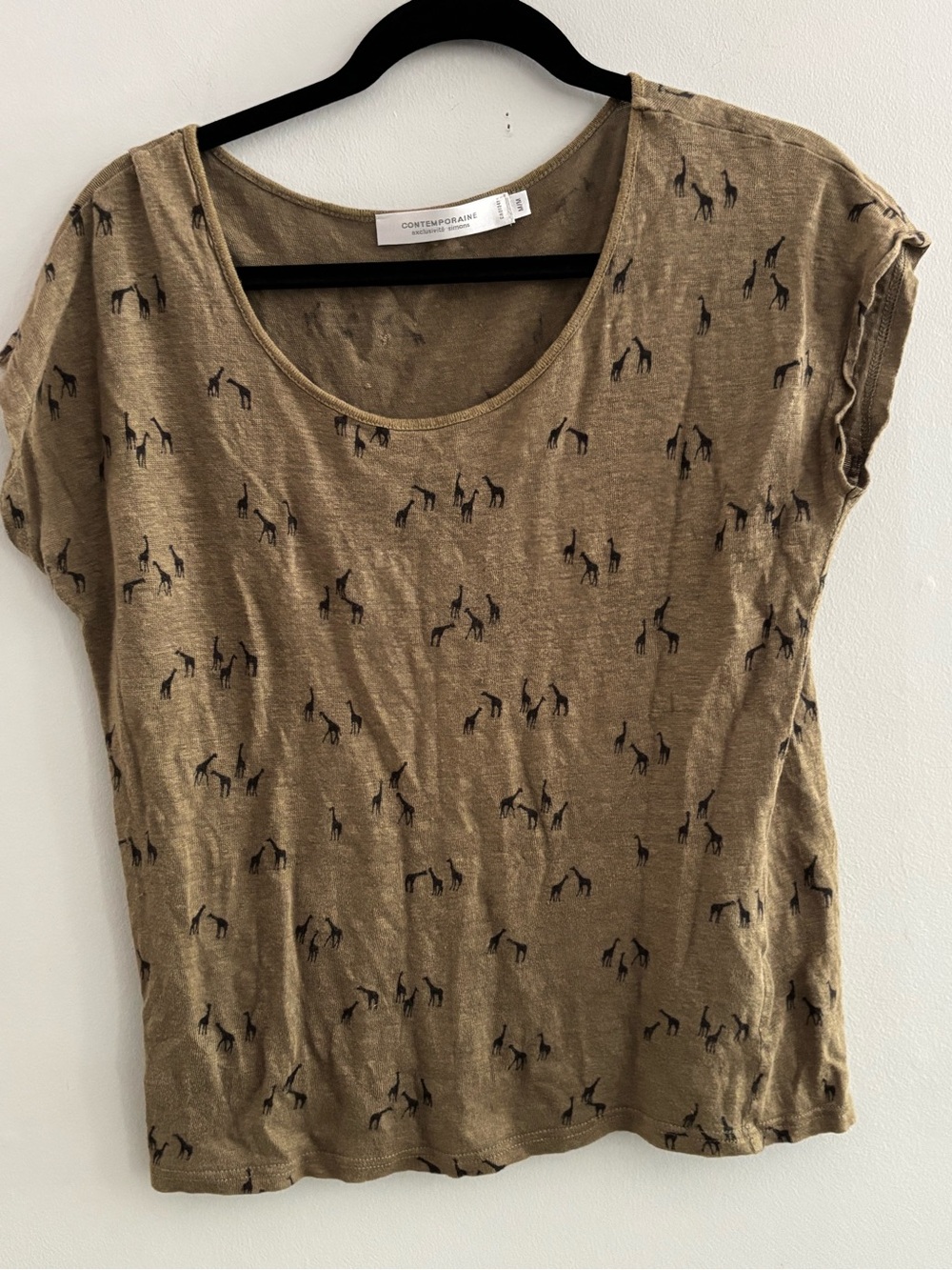 Contemporaine Simons 100% Linen Khaki Giraffe Print Slub Tee Shirt M Flaw